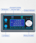DC Buck Boost Converter Regulator Module With LCD Display And Solid Dope Adjustable CC CV Output From 0.5 To 30 Volts And 0 To 4 Amps For DIY Solar Battery Charging Power Supply CNC Kit showing display and control buttons.
