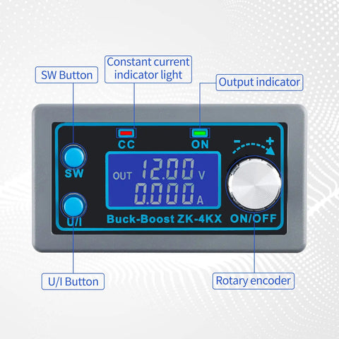 DC Buck Boost Converter Regulator Module With LCD Display And Solid Dope Adjustable CC CV Output From 0.5 To 30 Volts And 0 To 4 Amps For DIY Solar Battery Charging Power Supply CNC Kit showing display and control buttons.