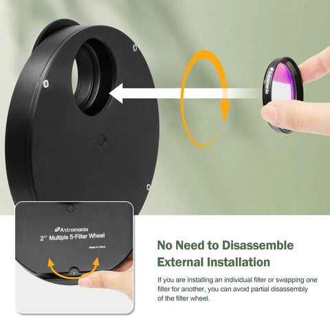 5 Position 2 Inch Telescope Filter Wheel Holder For Astro Observing And Heavy Cameras Aluminum Body Drawer Compatible With Standard 2 Inch Filters Includes T2 And M48 Threads Easy Wrench Setup For Moon And Nebula Filters being demonstrated with easy filter installation.