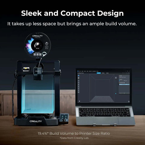Ender 3 V3 SE 3D Printer with Sprite Direct Extruder next to laptop showing design software.