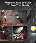 Image showing uses of Pocket EDC Dual Light Flashlight With Rechargeable USB C 600 Lumen Output, attached to clothes and backpack, used for car repair.