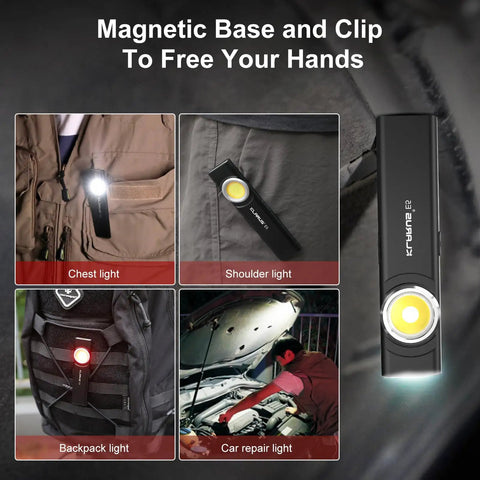 Image showing uses of Pocket EDC Dual Light Flashlight With Rechargeable USB C 600 Lumen Output, attached to clothes and backpack, used for car repair.