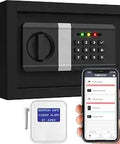 Smart Home Safe With WiFi App Alerts And Alexa Google Home Compatibility Tamper Detection Kidnap Alarm False Attempt Alarm Predrilled Wall Mount Cash Jewelry And Handgun Safe, shown with phone displaying app and keypad.