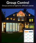 Exterior house showing Smart Recessed LED Can Lights Five To Six Inch With Baffle Trim, 13W 1100LM RGBWW, and mobile app control.