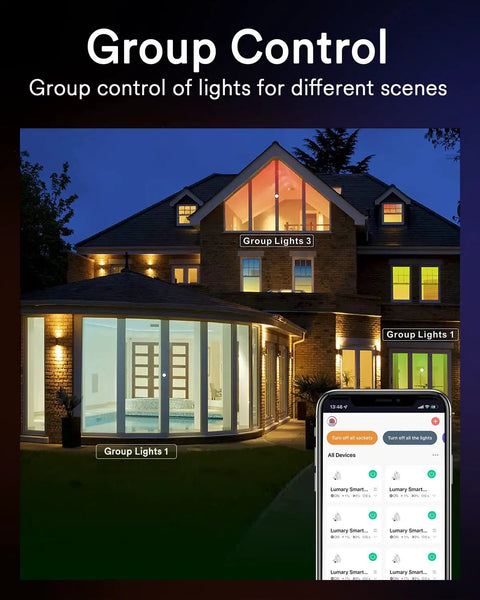 Smart Retrofit Recessed LED Can Lights Kit With Baffle Trim in use, controlled via smartphone app, showing group light control