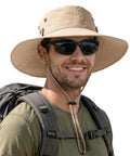 Man wearing Men's UPF Sun Hat With Wide Brim Bucket Style For Fishing And Outdoors, Breathable Ventilated Design With UV Protection