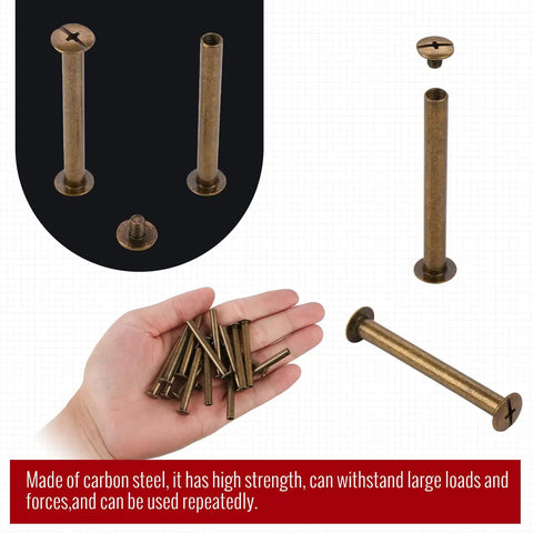 Heavy Duty Chicago Binding Screws Featuring Phillips Head Nuts For Rock Solid Leather Crafting And Scrapbooks Hella Simple Quick Swap Bronze Steel Posts Great For Diy Makers Looking For Snappy Reliable Fasteners In A 50 Piece Lot displayed in hand and on dark background.