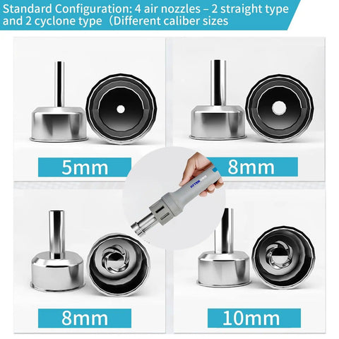 Four nozzles for Pro Grade 1000W Hot Air Rework Station with Digital LCD Display, sizes 5mm, 8mm, 10mm for precise airflow control.