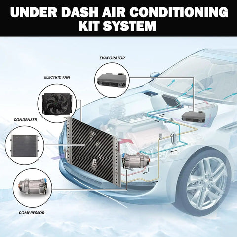 Diagram of Universal 12V Under Dash Air Conditioner With Snappy Chill And Cozy Heat 10000 BTU robust parts for installation in vehicles.