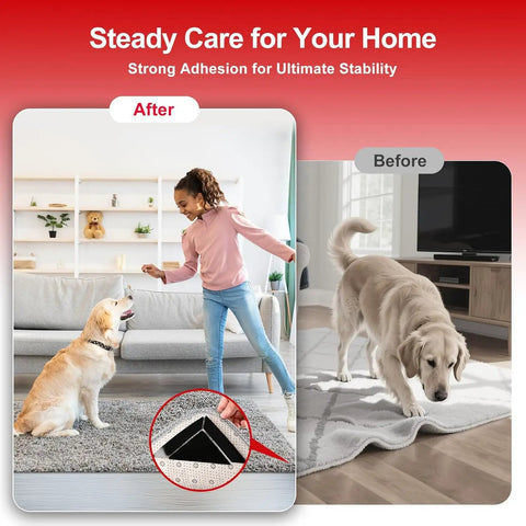 Girl playing with a dog on a secure rug using 12 Pack Rug Gripper Tape Set For Area Rugs Non Slip Double Sided Carpet Tape Pads For Hardwood Floors Prevent Curling And Bunching Black Keeps Rugs Flat And Secure On Wood And Tile Surfaces Great For High Traffic Areas Quick Install contrasted with a before image of a curled rug