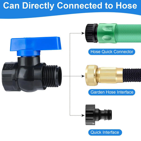 Rain Barrel Spigot Kit With Three Quarter Inch GHT Threads, Bulkhead Fittings, Garden Hose Faucet Ball Valve, Water Diverter For Rain Barrels, Tanks And Aquariums, No Fuss Install, Includes Adapters, Tape, And Rope, 2 Pack showing hose and quick connector options