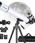 High Powered Travel Telescope For Adults With 80mm Aperture And 900mm Focal Length Beginner Friendly Astronomy Gift shown with tripod and accessories.