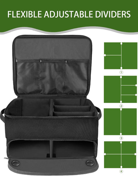 Two Layer Golf Trunk Organizer Waterproof Gear Bag with flexible adjustable dividers for easy organization.