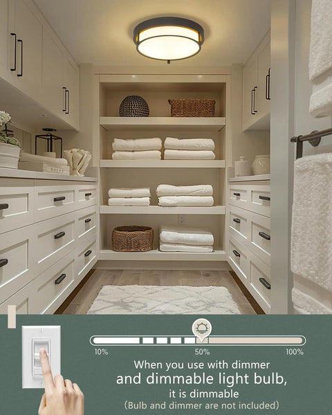 Closet with 12 Inch Flush Mount Ceiling Light, 2 Light Close-To-Ceiling Fixture in Oil Rubbed Bronze Finish and frosted glass.
