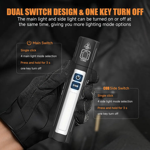 Gloved hand holding Rechargeable Magnetic Mini Flashlight With Beefy Beam High Lumen LED USB C 8 Modes Dual Button Waterproof Pocket Torch For Emergencies Car Travel Stocking Stuffers For Men