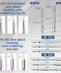 A9 210 and A9 245 precision soldering iron tips display for Pro Grade 120W Soldering Station With 2 Second Heat Up To 716F, LCD Digital Display, PID Temperature Control, ESD Safe, Wide 212F To 842F Range, 3 Memory Presets, Quick Change Tips Holder, Sturdy Stand For Easy Work.