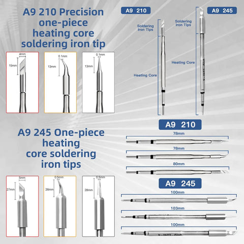 A9 210 and A9 245 precision soldering iron tips display for Pro Grade 120W Soldering Station With 2 Second Heat Up To 716F, LCD Digital Display, PID Temperature Control, ESD Safe, Wide 212F To 842F Range, 3 Memory Presets, Quick Change Tips Holder, Sturdy Stand For Easy Work.