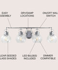 Image of 34 Inch Chrome Shirley 4 Light Vanity Light With Metal Wall Sconce And Clear Seeded Glass Shade, LED bulbs highlighted.