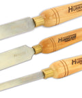 No Frills Skew Chisel Set For Woodturning Projects Built Tough With High Speed Steel Cutting Edges and Grippy Beech Handles visible.