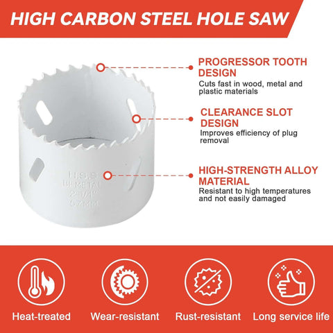 Maycraft hole saw front view; high-carbon steel cutter with serrated teeth for wood, metal and plastic materials