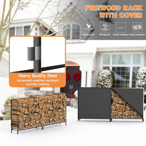 8Ft Firewood Rack With All Weather Cover For Indoor Outdoor Use, Heavy Duty Square Steel Log Holder And Storage Organizer shown outdoors.