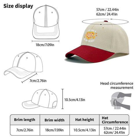 Pizza Of My Heart Funny Women Hat Adjustable Cap With Front Artwork, size chart and measurement details displayed.