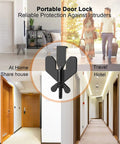 Black portable door lock for travel and home privacy shown with use in hotel, apartment, and office settings, compact palm-sized device