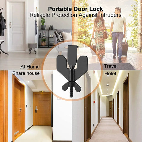Black portable door lock for travel and home privacy shown with use in hotel, apartment, and office settings, compact palm-sized device