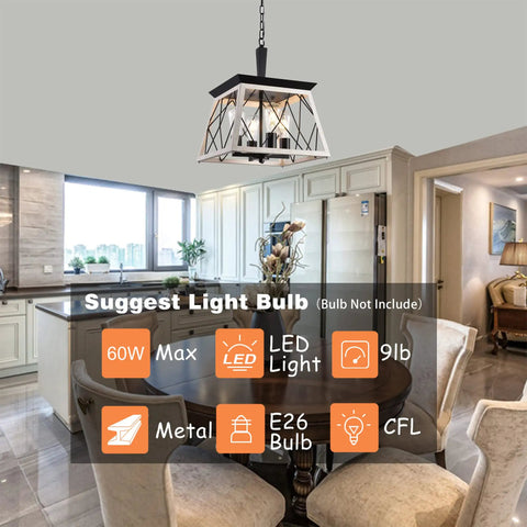 Rustic Farmhouse Pendant Light Fixture With Open Cage Design, Matte Black 4 Light Industrial Chandelier in modern kitchen