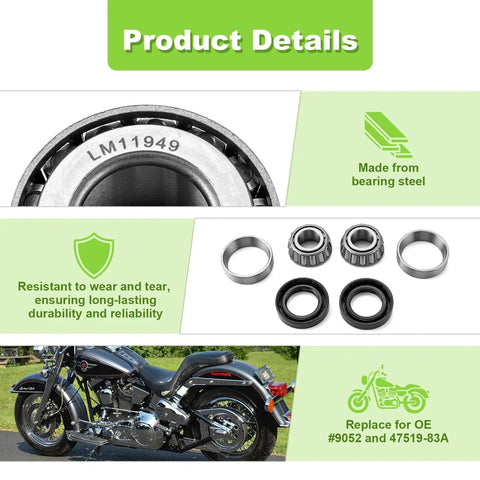 Components of Harley Wheel Bearing And Seal Kit Front And Rear Direct Fit For Softail Dyna Sportster Road King Electra Glide 1973 1999 Replacement 9052 47519 83A Premium Quality Heavy Duty For Longevity And Smooth Ride with motorcycle image