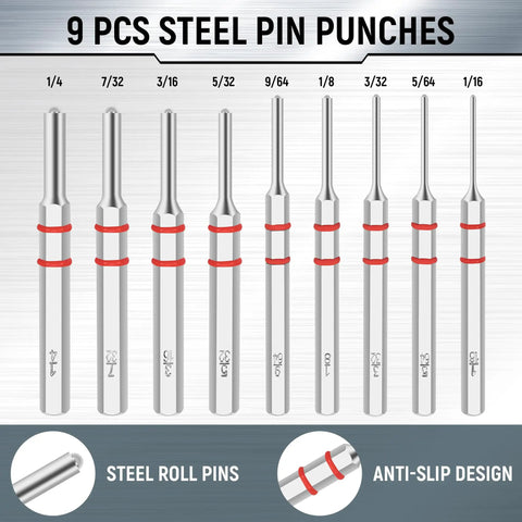9-piece steel pin punches from Heavy Duty Pin And Roll Pin Punch Set With Interchangeable Hammer Heads Including Steel Brass Rubber And Nylon Tips Durable Punches Bench Block And Compact Storage Case For Pro Mechanical Repairs