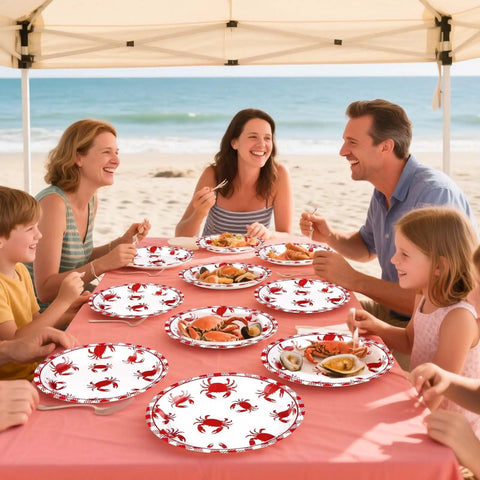 Heavy Duty Crab Boil Paper Plates, 9 Inch Disposable Party Platter Set for seafood picnic at the beach.