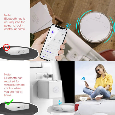 Fingerbot Plus Smart Button Pusher no wiring switch upgrade for retrofit appliances, showing mobile app, hub, and usage scenarios.
