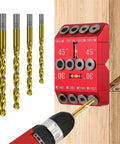 30 45 90 Degree Angle Drill Guide Jig For Hand Drill with four bits and red guide showing angled drilling in wood post.