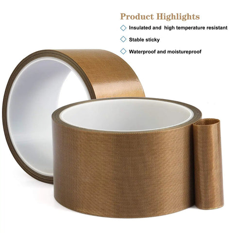 High Temperature Teflon Tape For Vacuum Sealer And Hand Impulse Sealers 2 Inch Wide 33 Feet Long Zero Point Thirteen Millimeter Thick Ideal For Wood Cabinets Drawers Furniture Heat Resistant Sealing displayed with product highlights.