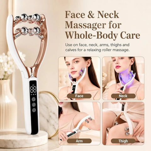 Wireless Face Massager With 8 Roller 3D Face Roller LED Light Therapy Massager showcasing usage on face, neck, arm, and thigh