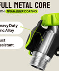 Heavy Duty 2 Way Hose Splitter Built Tough Metal Y Connector With No Fuss Shutoff Valves For Spigot Brass Outdoor Faucet Adapter Three Quarter Inch GHT Water Hose Connector Green, zinc alloy close-up
