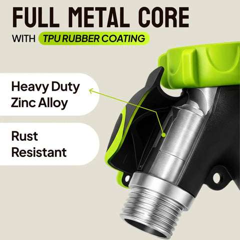 Heavy Duty 2 Way Hose Splitter Built Tough Metal Y Connector With No Fuss Shutoff Valves For Spigot Brass Outdoor Faucet Adapter Three Quarter Inch GHT Water Hose Connector Green, zinc alloy close-up