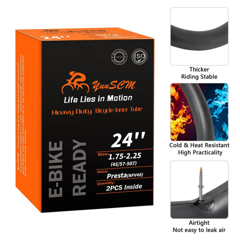 Two Pack Beefy 24 Inch Heavy Duty Bike Tubes 24x1.75 To 24x2.25 45 57 507 With 48mm Presta Valve Removable Valve box
