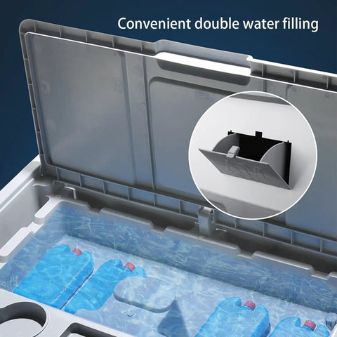Heavy Duty Evaporative Air Cooler With Three Speed Settings And Six Included Ice Packs For Smooth Swamp Cooling That Kicks Summer Heat To The Curb Perfect For Factories Or Digs, showing water tank with ice packs.