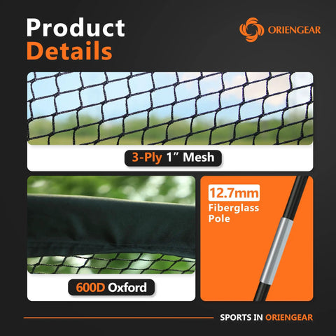Close-up of Backyard Baseball Batting Cage With Open Ended Net for Easy Access; shows 3-ply mesh net, 600D Oxford cloth, fiberglass pole.