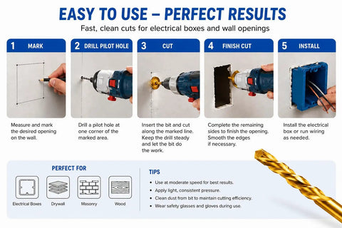 Instructions for using Sweet 1/4 Inch Titanium HSS Rotary Tool Drywall Cutout Bits featuring a sick sabre tip spiral saw design.