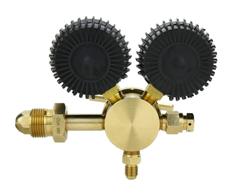 Nitrogen Gas Regulator For HVAC Purging And Pressure Testing 0-600 PSIG with brass body, two 2-inch rubber-protected gauges, 1/4 inch flare connector.