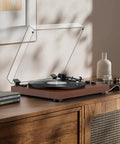 Bluetooth Turntable Player With Built In Phono Preamp And Magnetic Cartridge Belt Drive Records Player 2 Speed Vinyl Record Deck on wooden table.