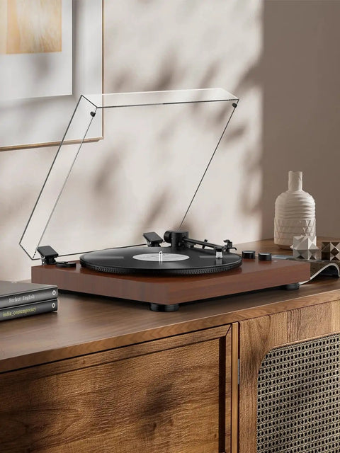 Bluetooth Turntable Player With Built In Phono Preamp And Magnetic Cartridge Belt Drive Records Player 2 Speed Vinyl Record Deck on wooden table.