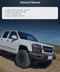 White Chevrolet Colorado 4WD displayed with fitment info for GMC Canyon, Isuzu I350, and I370 on a rocky terrain.