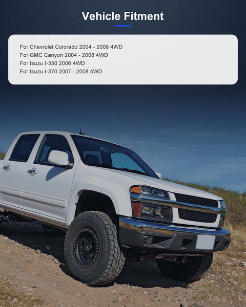 White Chevrolet Colorado 4WD displayed with fitment info for GMC Canyon, Isuzu I350, and I370 on a rocky terrain.