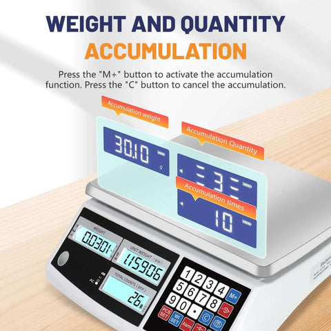 Heavy Duty Counting Scale For Coins And Parts With 66 Lb Capacity, 0.1 g Precision, Backlit Digital Display showing accumulation function