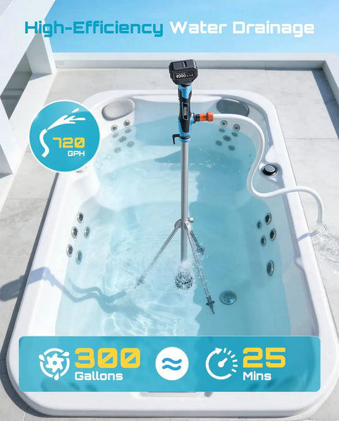 Cordless Stick Water Transfer Pump With Tripod Stand Hands Free in bathtub demonstrating 720 GPH efficiency