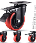 Beefy 4 Inch Caster Wheels Set Of 4 2200 Lbs Capacity Silent Swivel With Brake Rigid TPR Rubber Wheels Locking Industrial Plate Casters